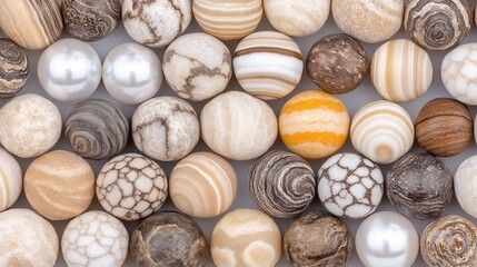 Natural stone spheres displaying unique patterns and earthy neutral tones