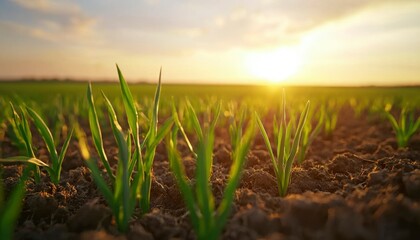 Fototapeta premium Young sprouts in a field at sunset