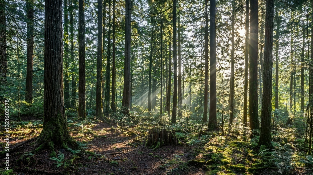 Aufkleber A serene view of a dense forest with sunlight filtering through the canopy. 