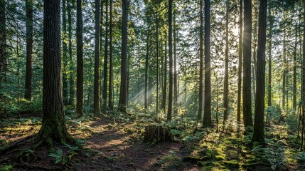 Fototapeta premium A serene view of a dense forest with sunlight filtering through the canopy. 