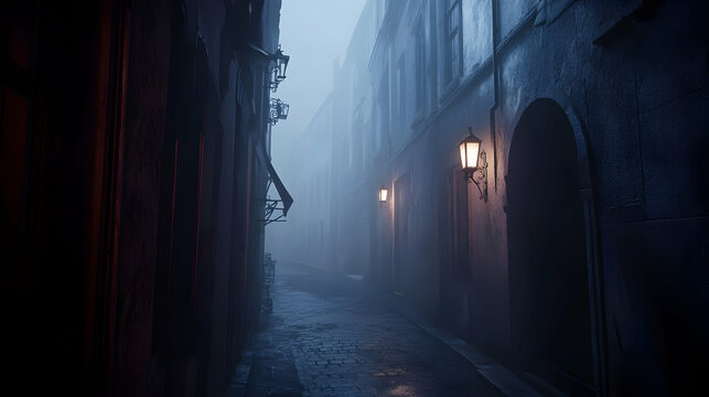 Eerily quiet European lane immersed in dense atmospheric fog with vintage lighting details