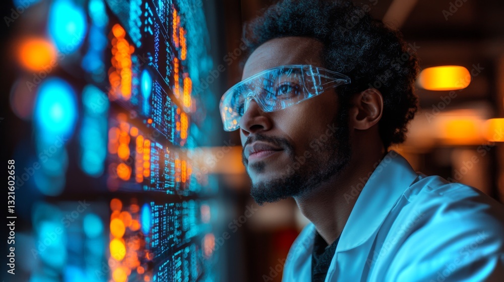 Poster A researcher studies quantum mechanics principles, specifically qubits and superposition, while interacting with advanced simulation data on a digital display.