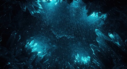 Obraz premium A mesmerizing underground cave filled with glowing blue crystals and cascading water droplets - heavy rain sky raining sky
