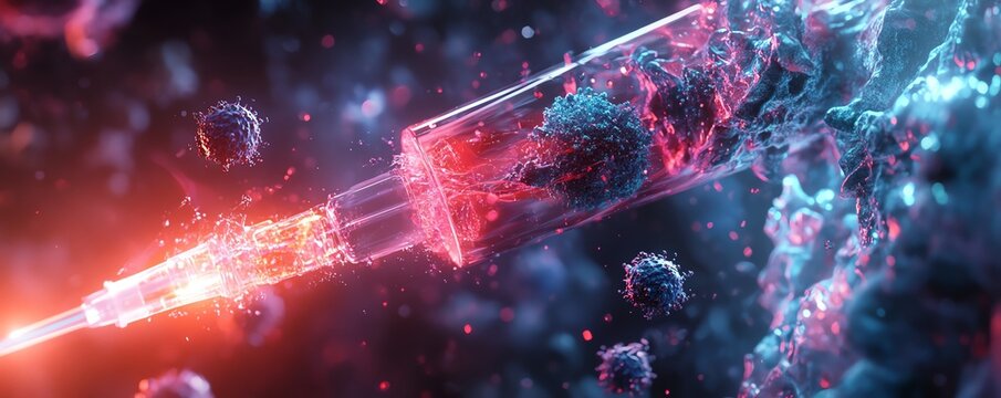 Microscopic view of a syringe precisely delivering medication into a human cell, futuristic biotech innovation, hyperrealistic medical illustration, glowing hightech aesthetics
