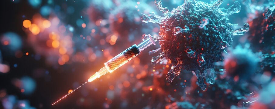 Microscopic view of a syringe precisely delivering medication into a human cell, futuristic biotech innovation, hyperrealistic medical illustration, glowing hightech aesthetics