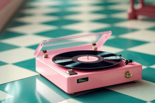 pastel colored vintage record player on checkered floor evokes nostalgia
