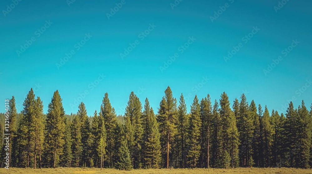 Poster A row of tall pine trees forming a dense tree line under a clear blue sky. 