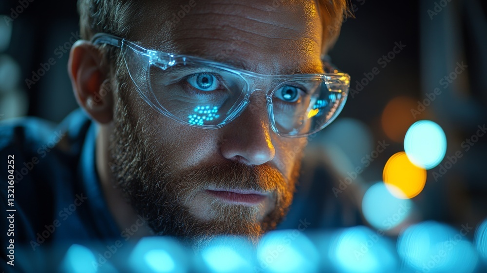 Aufkleber A scientist wearing protective glasses examines quantum technology in a cutting-edge laboratory. The focus is on qubits and their potential in modern physics experiments.
