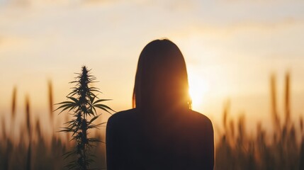 Woman Meditating in Nature with Cannabis Plant at Sunset