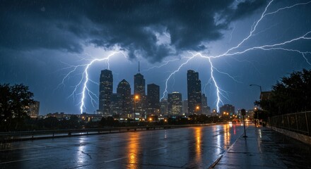 Dramatic lightning strikes illuminate a city skyline during a thunderstorm at night - heavy rain sky raining sky