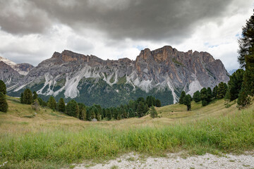 Majestic Dolomites viewed from Seceda with lush greens and rugged peaks in Sankt Christina and...