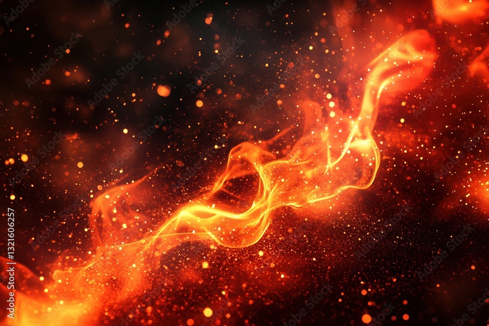 Poster dynamic fire-inspired background with deep red and orange flames illuminating glowing embers and cre