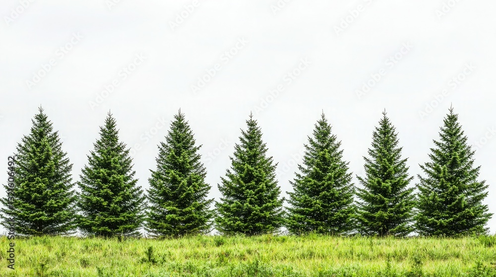 Poster A row of pine trees creating a natural border against a bright sky 
