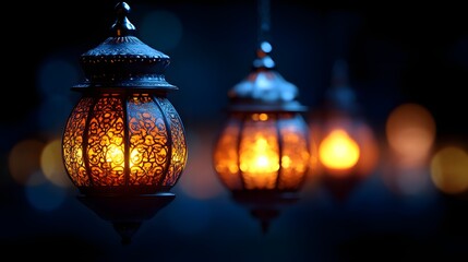 Illuminated hanging lanterns in dark night