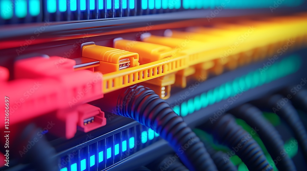 Poster a close-up view of illuminated network cables and connectors, showcasing vibrant colors in a technol