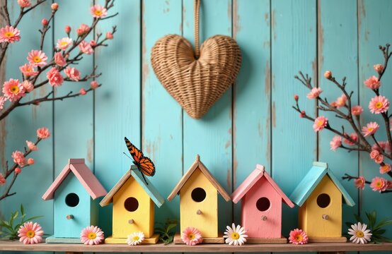 Wicker heart hanging over colorful birdhouses on rustic blue wooden background. Spring tree flowers bloom, butterfly sits near nesting boxes on springtime background. Wicker heart symbolises love,