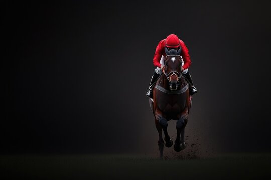 Dynamic horse sprinting forward with intense focus, rider in vib