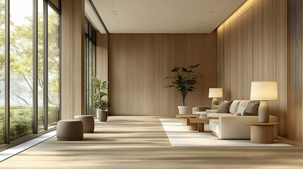 Serene living room with wood paneling, large windows showing lush greenery, neutral-toned furniture, and ambient lighting.  Minimalist design