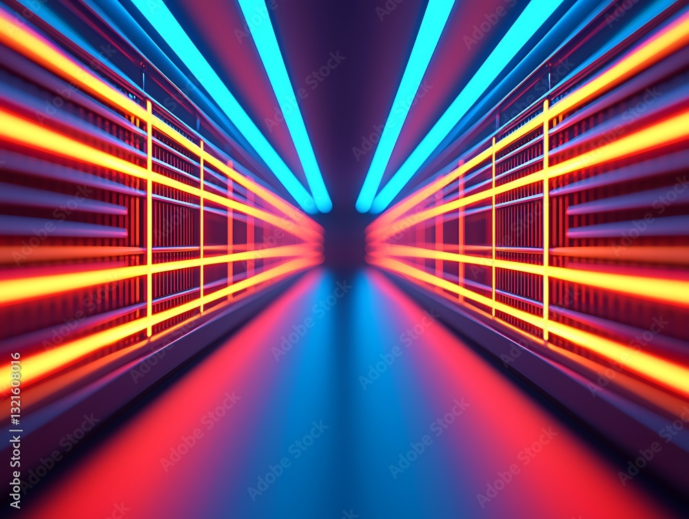 Poster a vibrant, abstract image featuring dynamic lines of blue and orange light, creating a sense of dept