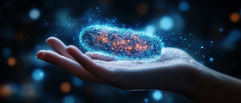 Hand holding a glowing digital bacteria, representing microbiomes influence in personalized nutrition, futuristic design, hightech concept, vibrant colors