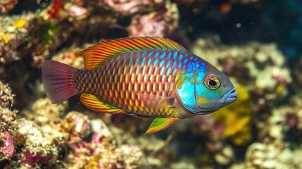A vibrant fish swimming among colorful coral in an underwater ecosystem.