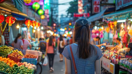 Woman walking Asian night market, bustling street scene, colorful lanterns
