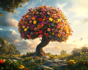 A dreamlike tree shaped like a brain, with colorful flowers symbolizing emotional growth and wellness, set in a calming, lush landscape with soft lighting and a serene atmosphere
