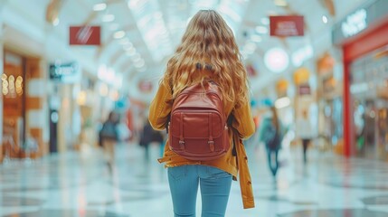 Woman walking through mall, back view, blurred shoppers background