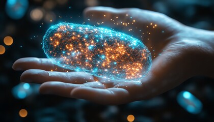 Closeup of a hand holding a floating digital bacteria, representing the microbiome s power in customized nutrition, bioluminescent glow, molecular interaction