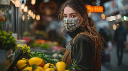 Woman wearing mask at farmers market, looking at camera, fresh produce in foreground, busy market in background
