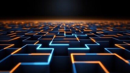 Obraz premium LLM, AI large language model. Futuristic grid with glowing lines creating a maze-like pattern.