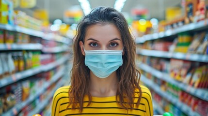Woman wearing mask in supermarket aisle