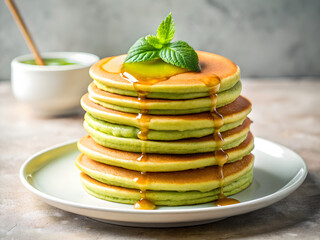 Matcha Pancakes with Maple Syrup and Mint Leaf 