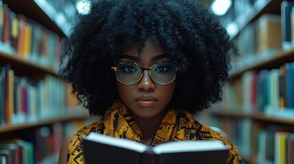 A young woman with glasses and natural curly hair is deeply engaged in reading a book in a library. Colorful bookshelves fill the background, creating a serene atmosphere for learning