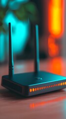 A close-up image of a modern Wi-Fi router with glowing indicator lights, set against a vibrant, colorful background.