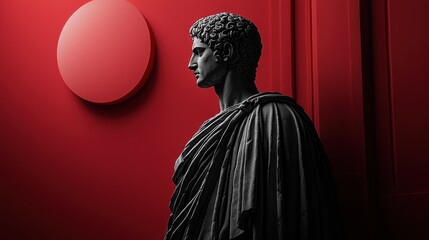 Naklejka premium Elegant roman statue on red background showcasing ancient era beauty