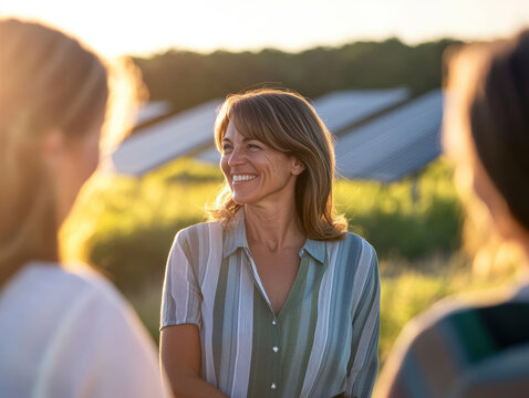 Offer of a solar farm and sale of photovoltaic panels, specialist in modern technologies talks about renewable energy sources and sustainable business