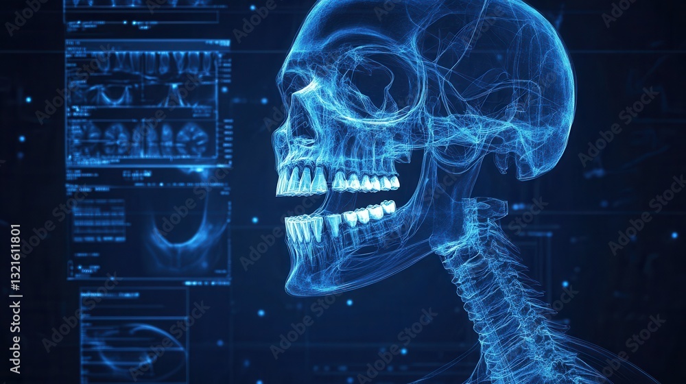 Poster blueprint of a jawbone with dental implants and glowing skeletal outlines in a dark medical setting