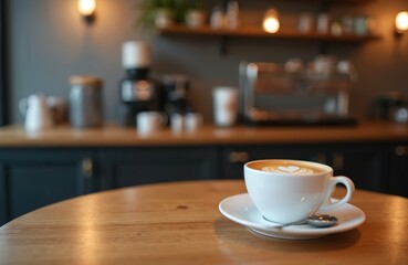 Fototapeta premium Latte art in white cup on wooden table inside coffee shop. Cappuccino with foam, heart shape, spoon on saucer. Hot drink, beverage on desk, shelf with kitchenware at background.