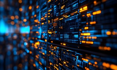 a technological digital data landscape filled with glowing data