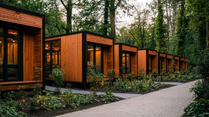 Modern wooden cabins in a forest setting