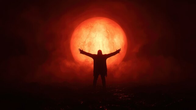 Silhouette figure, red moon, mystery