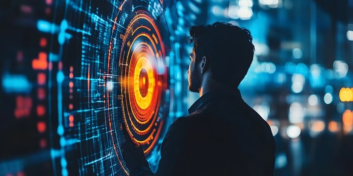 A man looking at technology screen with lights 