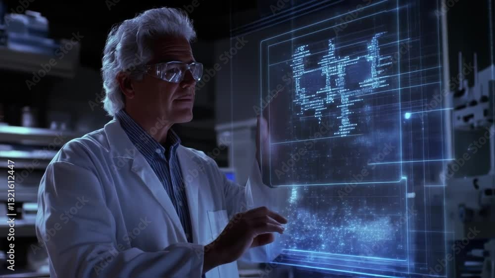 Aufkleber laboratory scientist wearing glasses and white coat manipulating holographic futuristic transparent 
