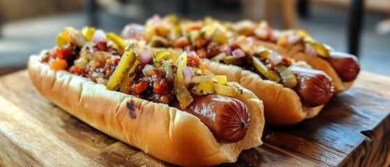 Delicious Hot Dogs in Brioche Rolls with Pickles and Onions - Gourmet Food Photography