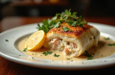 Close-up of crab stuffed flounder served on plate. Baked fish roll with cream sauce and lemon garnish. Seafood dish showcases culinary presentation from american restaurant.
