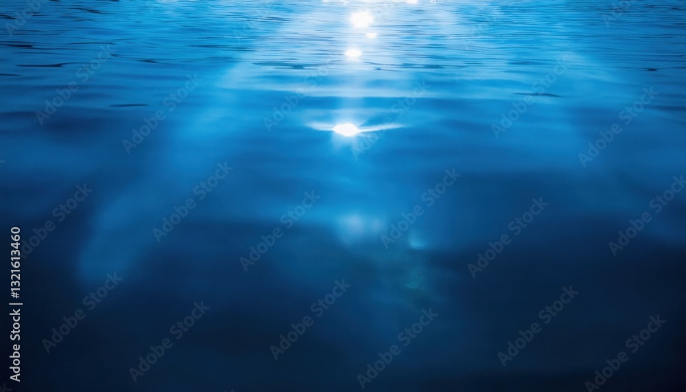 Poster soft ripples of deep blue water with sunlight reflection creating a dreamy abstract pattern, perfect