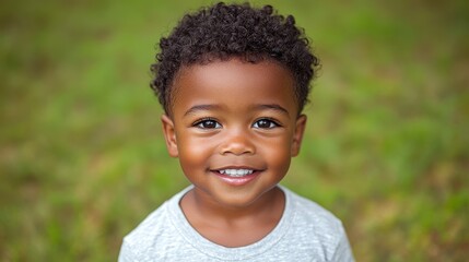 A cheerful young boy with curly hair is standing in a grassy area, flashing a wide smile. The sunlight highlights his joyful expression amidst the greenery