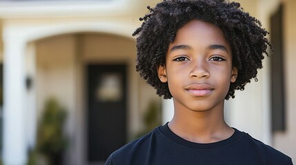 Fototapeta premium A boy with curly hair stands confidently in front of a house. The warm sun highlights his features, creating a calm and approachable atmosphere during daytime