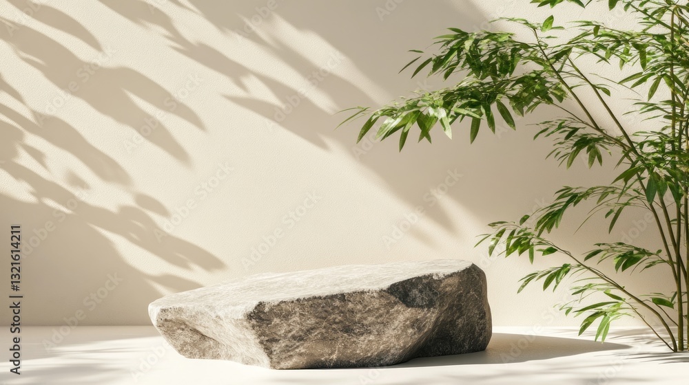 Poster zen stone display with bamboo and soft shadows for product showcase